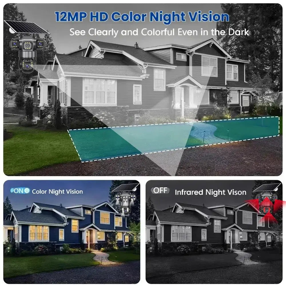 Câmara solar 4G Sim Outdoor 3 lentes 3 ecrãs Zoom 10X PIR Câmaras de deteção humana à prova de água Visão noturna CCTV Proteção de segurança