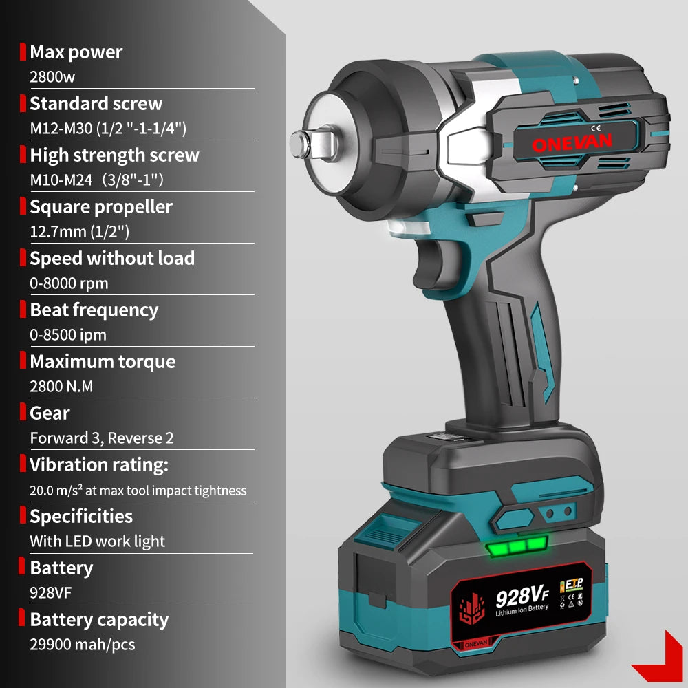 Chave de impacto elétrica sem escovas ONEVAN 2800N.M, chave de fendas sem fios de 1/2 polegada, ferramentas elétricas para bateria Makita de 18 V, pino