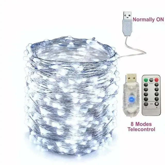 Cordão de Luz LED USB para Natal e Decoração 8 Modos com Controlo Remoto