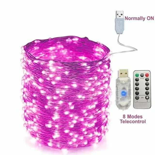 Cordão de Luz LED USB para Natal e Decoração 8 Modos com Controlo Remoto
