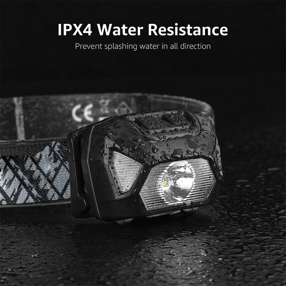Farol recarregável USB de 6 modos IPX4 à prova de água, lanterna de cabeça LED com luz vermelha e verde para pesca ao ar livre