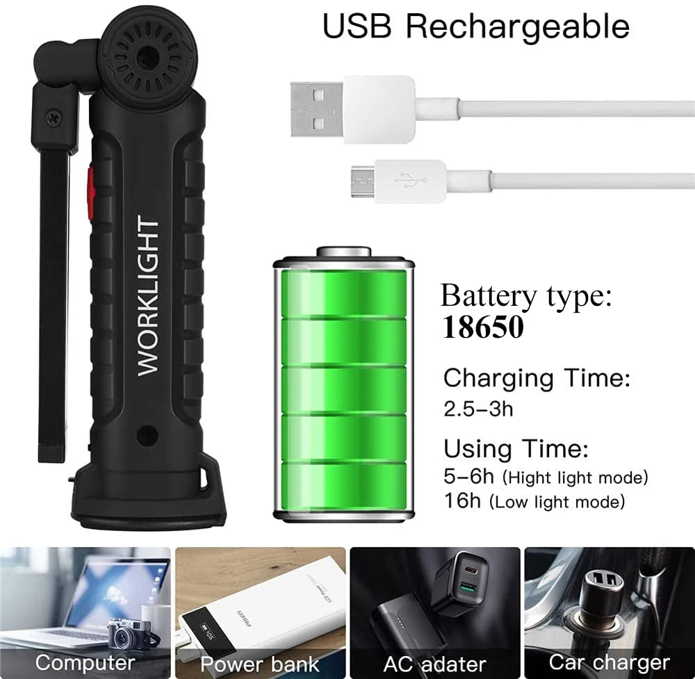 Lanterna LED COB portátil, recarregável por USB, luz de trabalho, lâmpada magnética suspensa com bateria integrada, lanterna de campismo