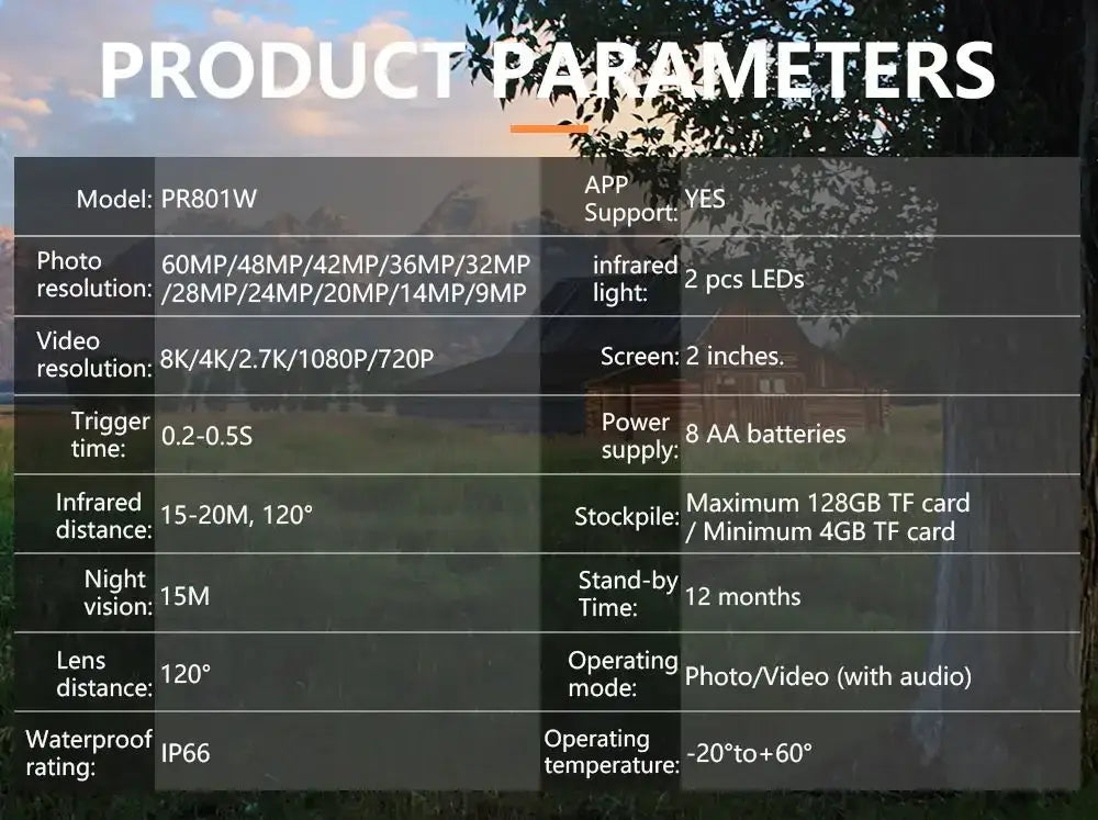 Câmara de rasto à prova de água 8K WiFi PR801W 60MP com suporte para visualização de aplicação para caça de animais ao ar livre, visão noturna e monitorização de quintas