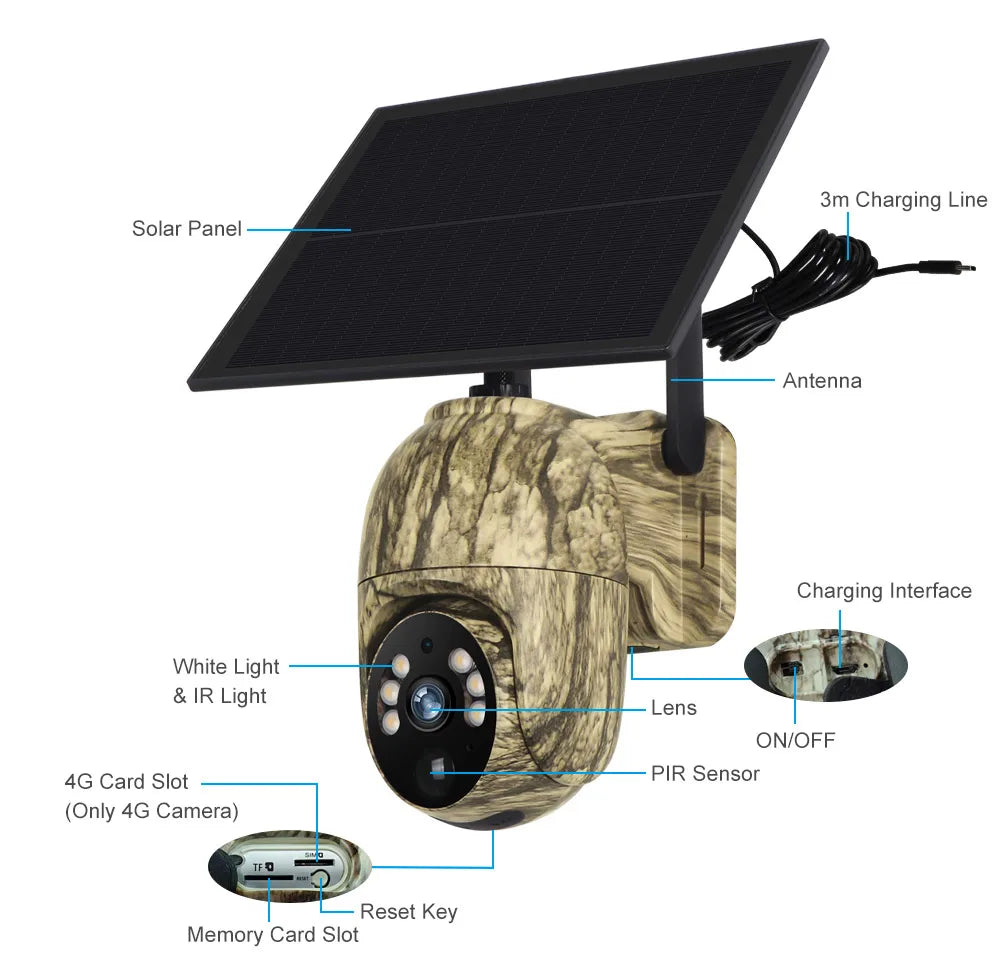 Câmara solar Ubox WiFi 4G LTE Câmara de rasto celular com painel solar Câmara de segurança Visão noturna a cores para vida selvagem ao ar livre