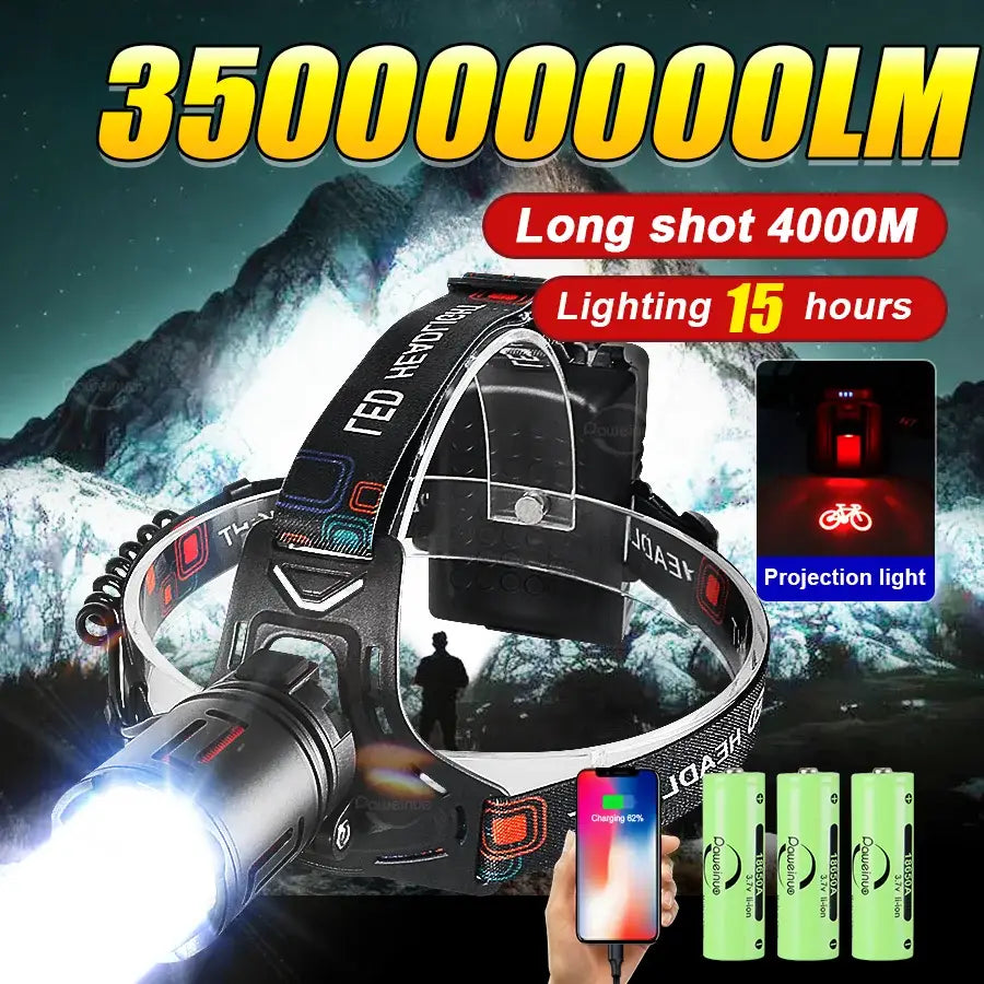 Farol LED ultra potente 350000000 Super brilhante 4000M Lanterna de cabeça recarregável Farol de caça e pesca 18650