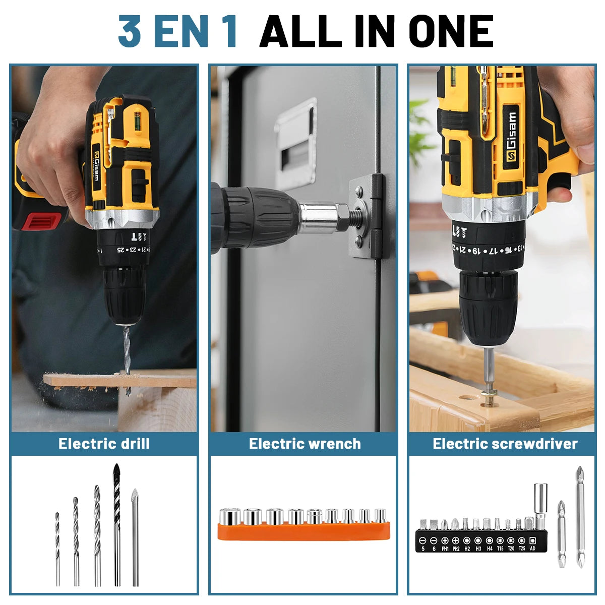Gisam 25+3 Torque Chave de fendas elétrica de impacto Berbequim multifuncional sem fio Ferramenta elétrica Configuração de 2 velocidades com 2 pilhas