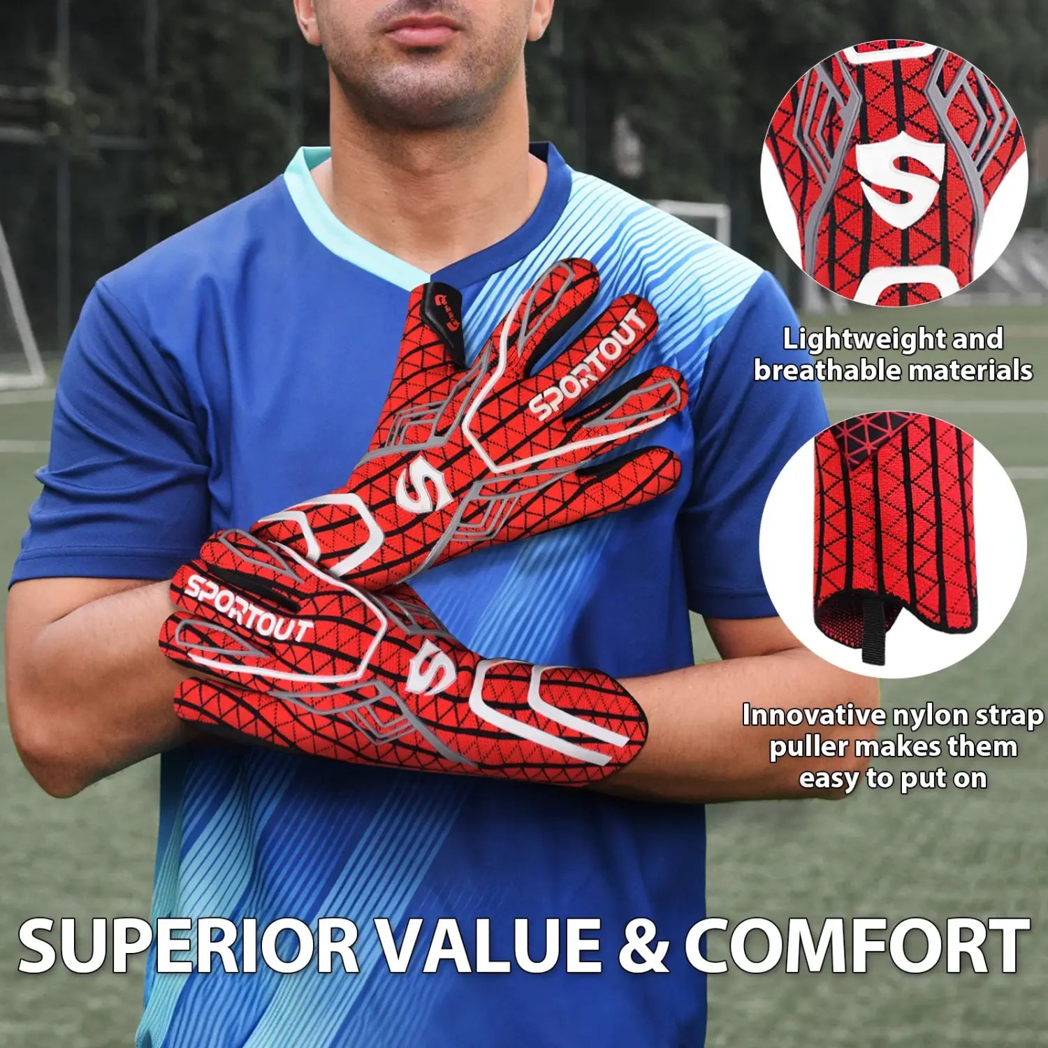 Luvas de guarda-redes, luvas de guarda-redes para homem, luvas de futebol, látex 4+3mm com aderência super forte e alta respirabilidade