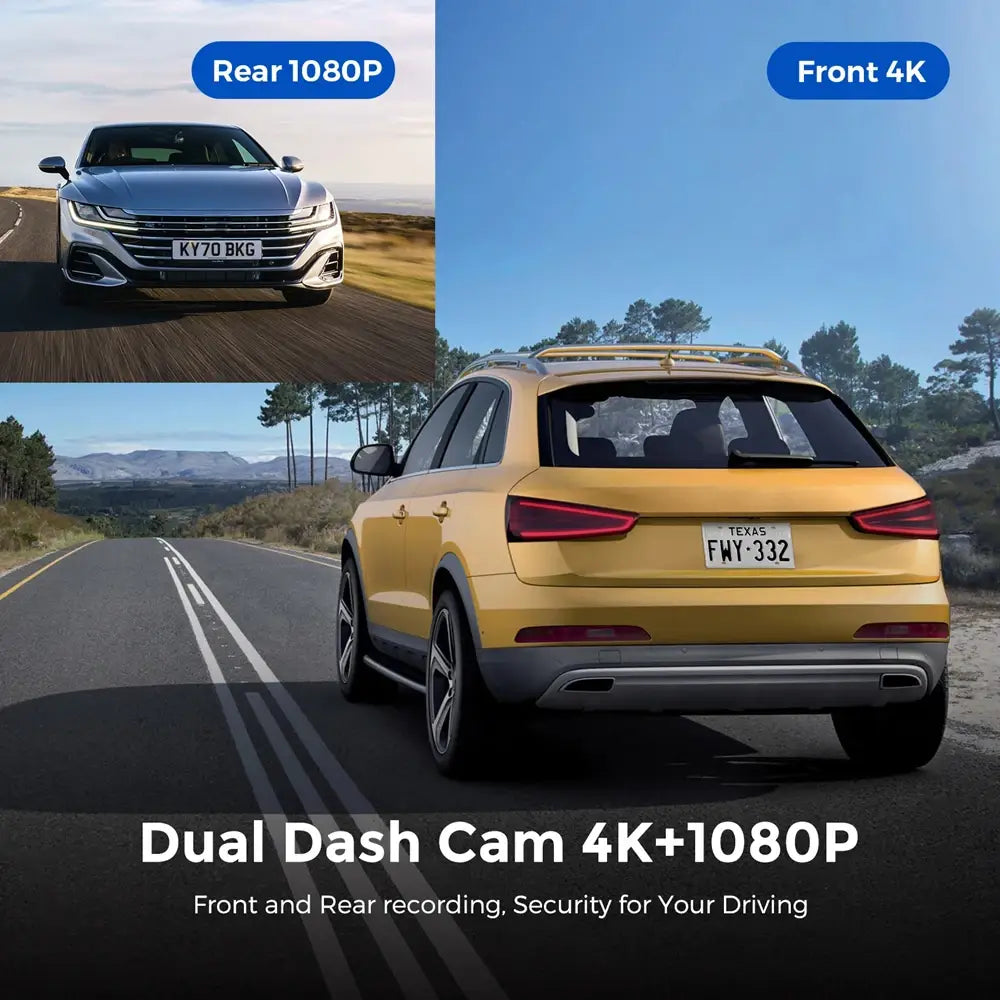 Câmara Auto de painel UHD 4K WiFi, gravador de condução com lente dupla, DVR automóvel, câmara traseira 1080P opcional, GPS, monitorização de estacionamento 24 horas, caixa preta