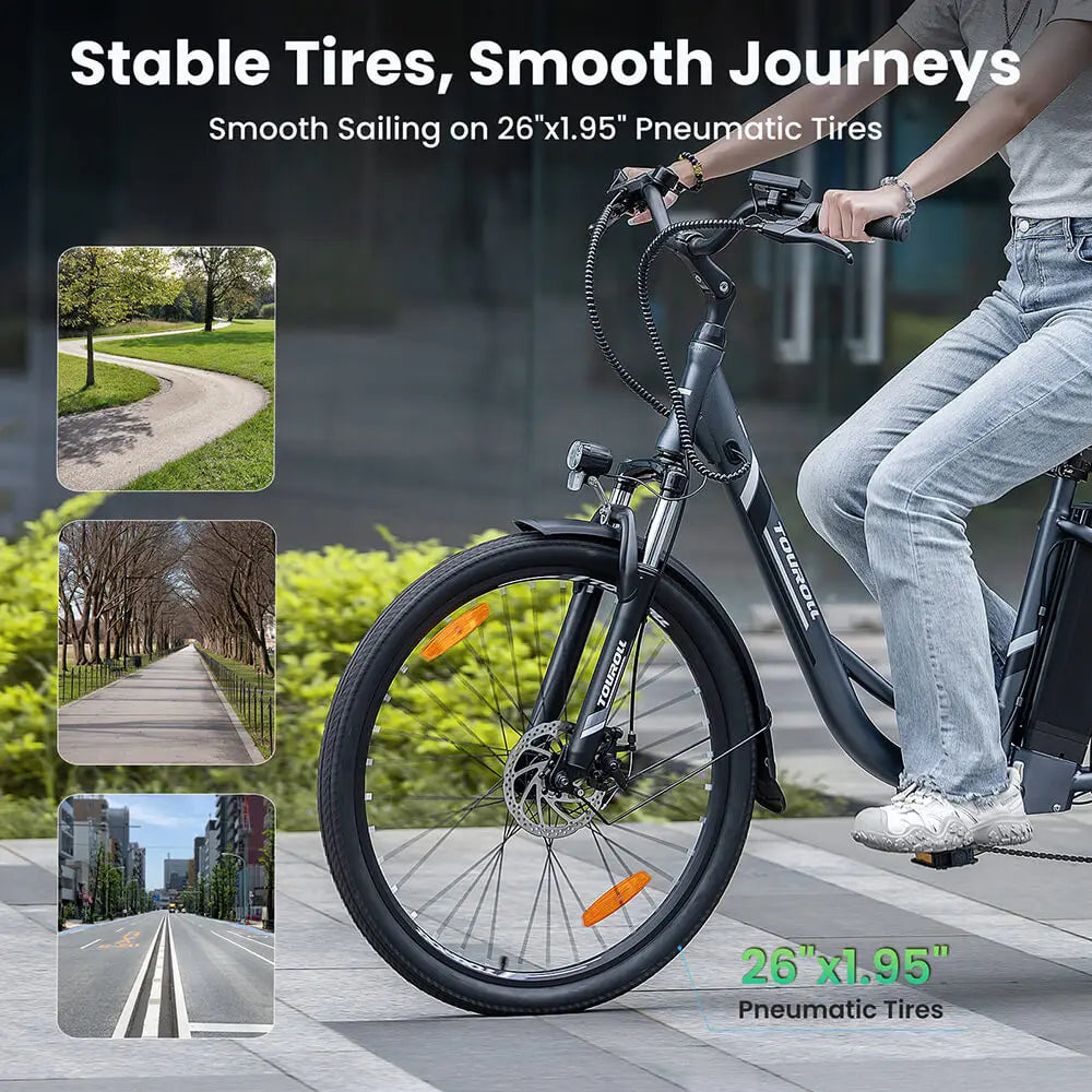 Pneu Touroll de 26", bicicleta urbana elétrica, motor de 250 W, binário de 45 Nm, bateria de 36 V e 15,6 Ah, autonomia de 90 km, 5 níveis de assistência, modo de marcha de 6 km/h