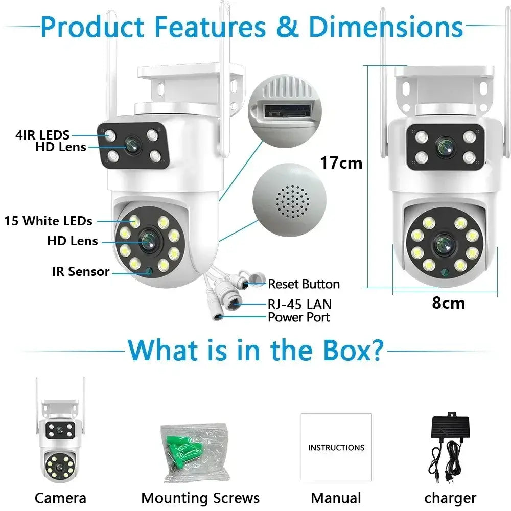 Câmara de vigilância de vídeo de segurança exterior 4K 8MP Tuya com lente dupla PTZ WIFI Full HD ecrã duplo Ai rastreamento automático humano