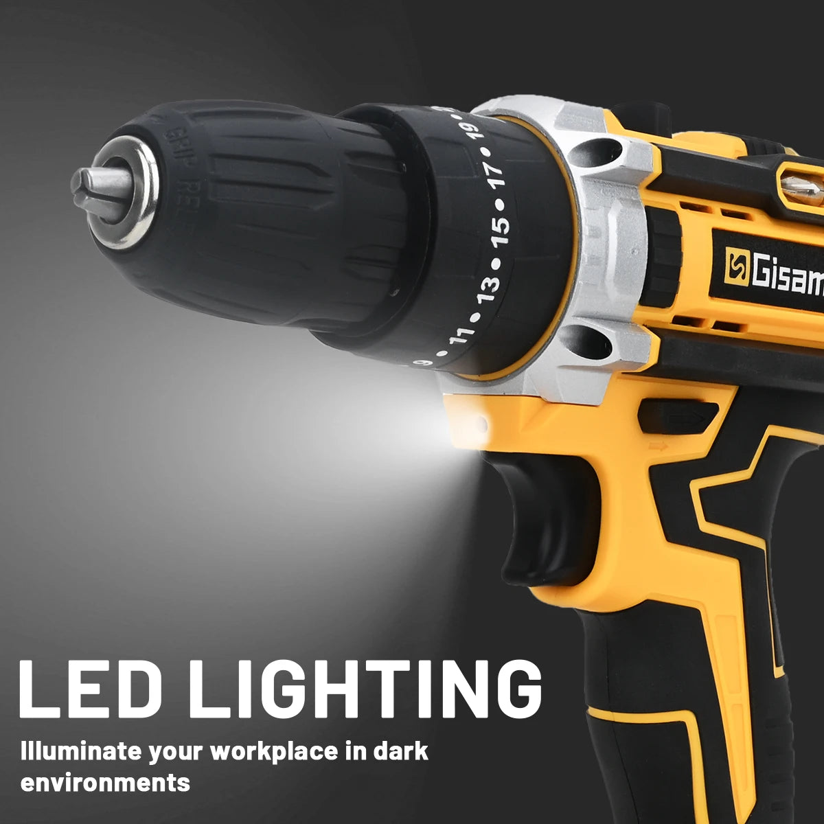 Gisam 25+3 Torque Chave de fendas elétrica de impacto Berbequim multifuncional sem fio Ferramenta elétrica Configuração de 2 velocidades com 2 pilhas