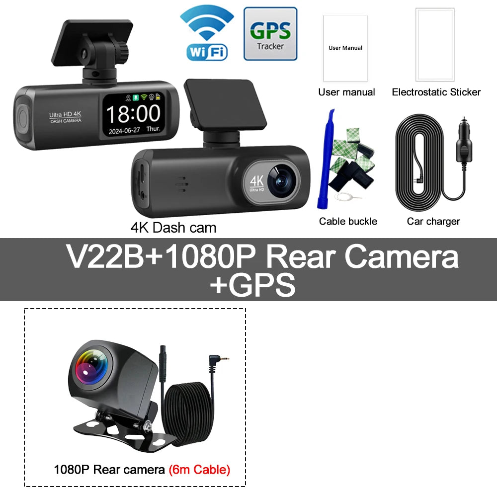 Câmara Auto de painel UHD 4K WiFi, gravador de condução com lente dupla, DVR automóvel, câmara traseira 1080P opcional, GPS, monitorização de estacionamento 24 horas, caixa preta