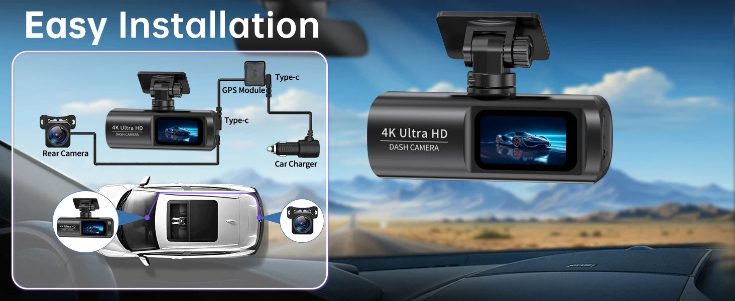 Câmara Auto UHD 4K com WiFi e câmara traseira 1080p opcional