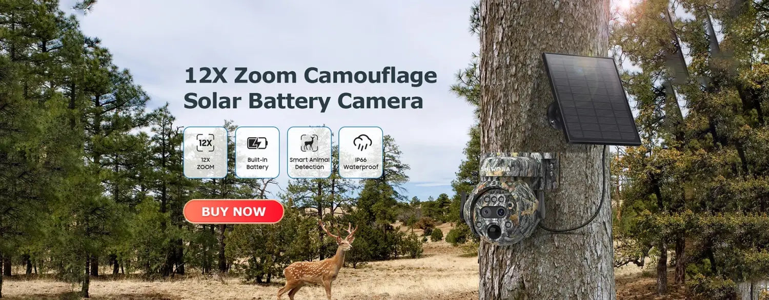 Câmara solar SHIWOJIA 12X ZOOM 4K 8MP, lente dupla 4G, visão 360°, camuflagem, câmara de caça ao ar livre a cores, bateria de 7800mAh, aplicação Ubox