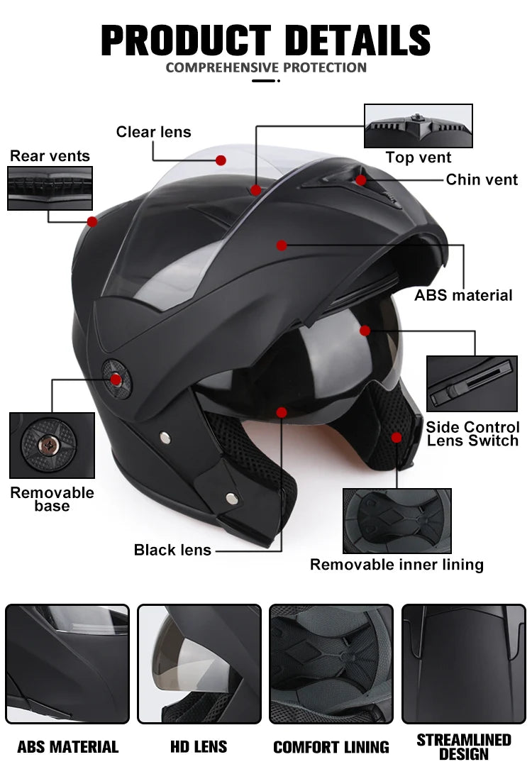 Capacete de moto com certificação DOT Uchoose, capacete de secção transversal de lente dupla, capacete de segurança modular flip, capacete unissexo com viseira