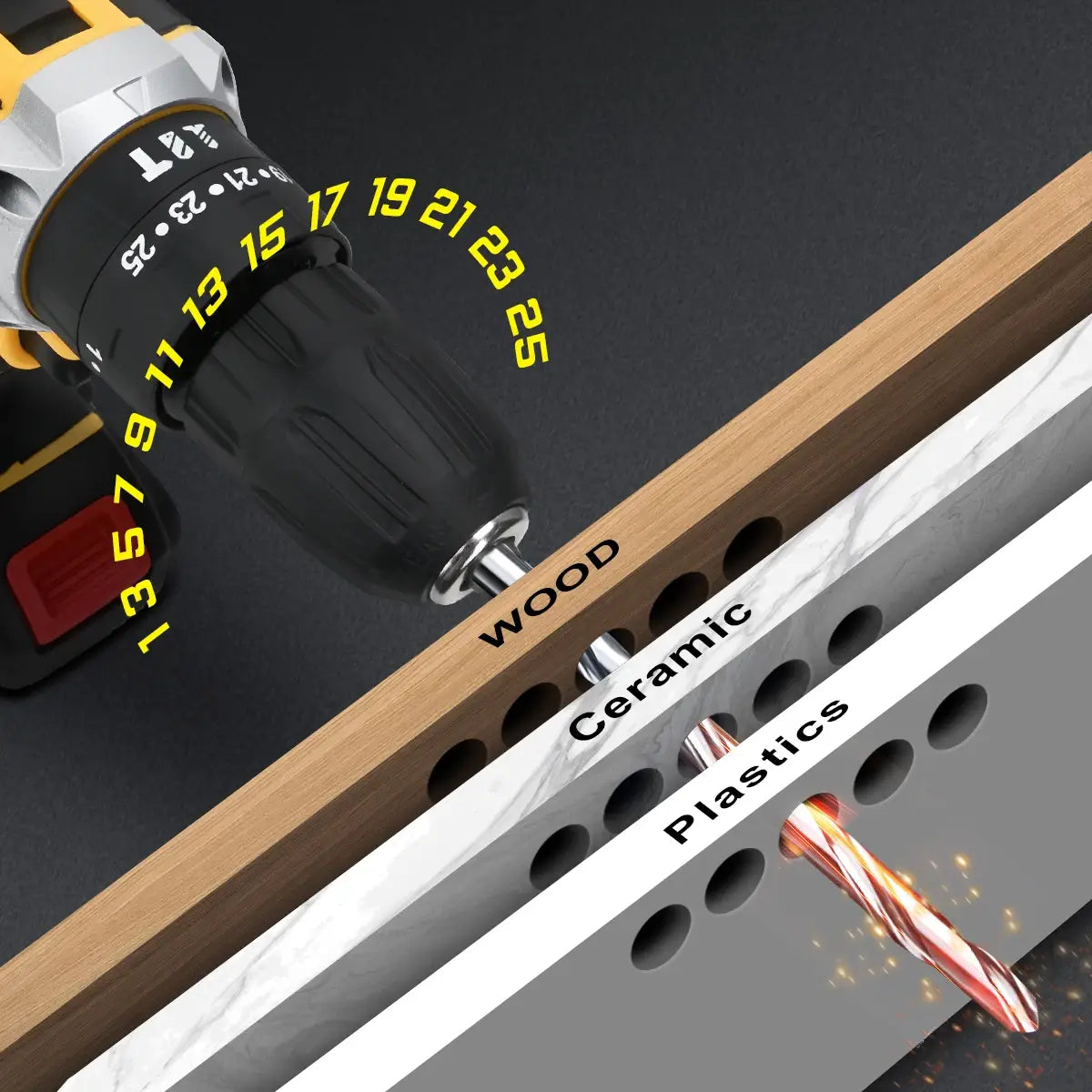 Gisam 25+3 Torque Chave de fendas elétrica de impacto Berbequim multifuncional sem fio Ferramenta elétrica Configuração de 2 velocidades com 2 pilhas