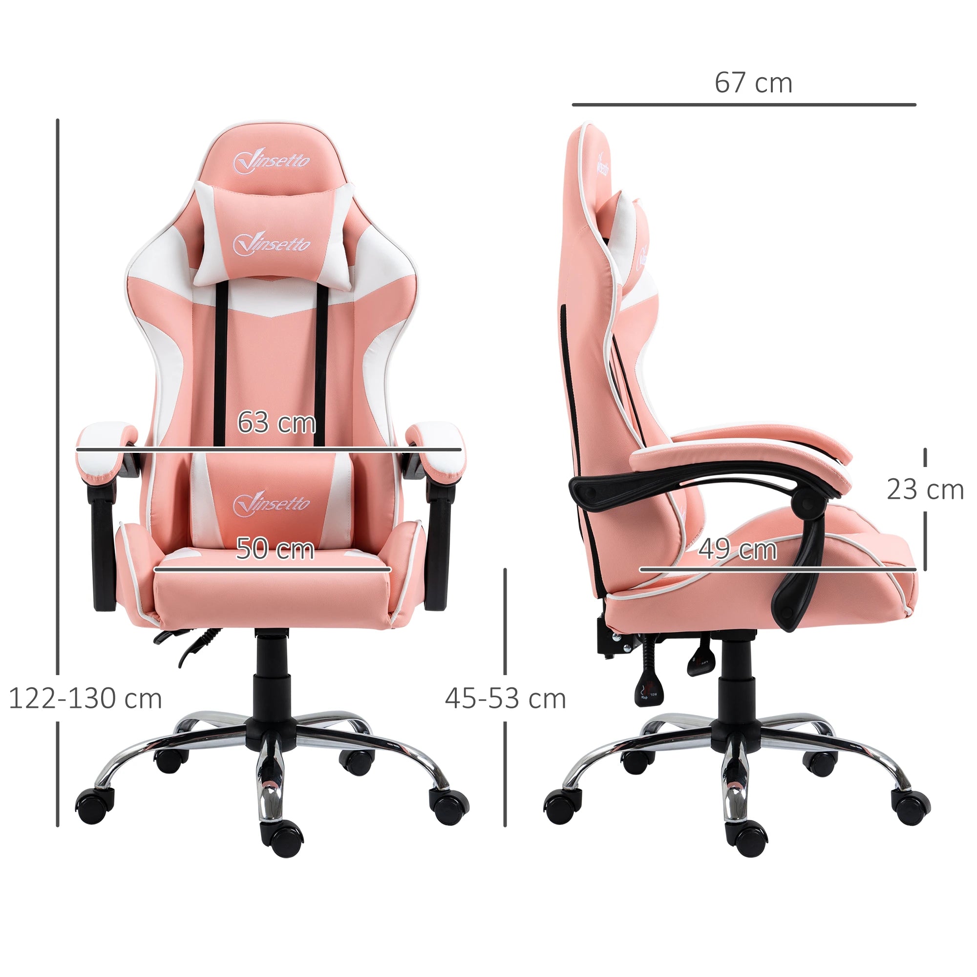 Cadeira Gaming Ergonômica Cadeira Reclinável com Altura Ajustável Apoio para a Cabeça e Lombar 63x67x122-130cm Rosa e Branco