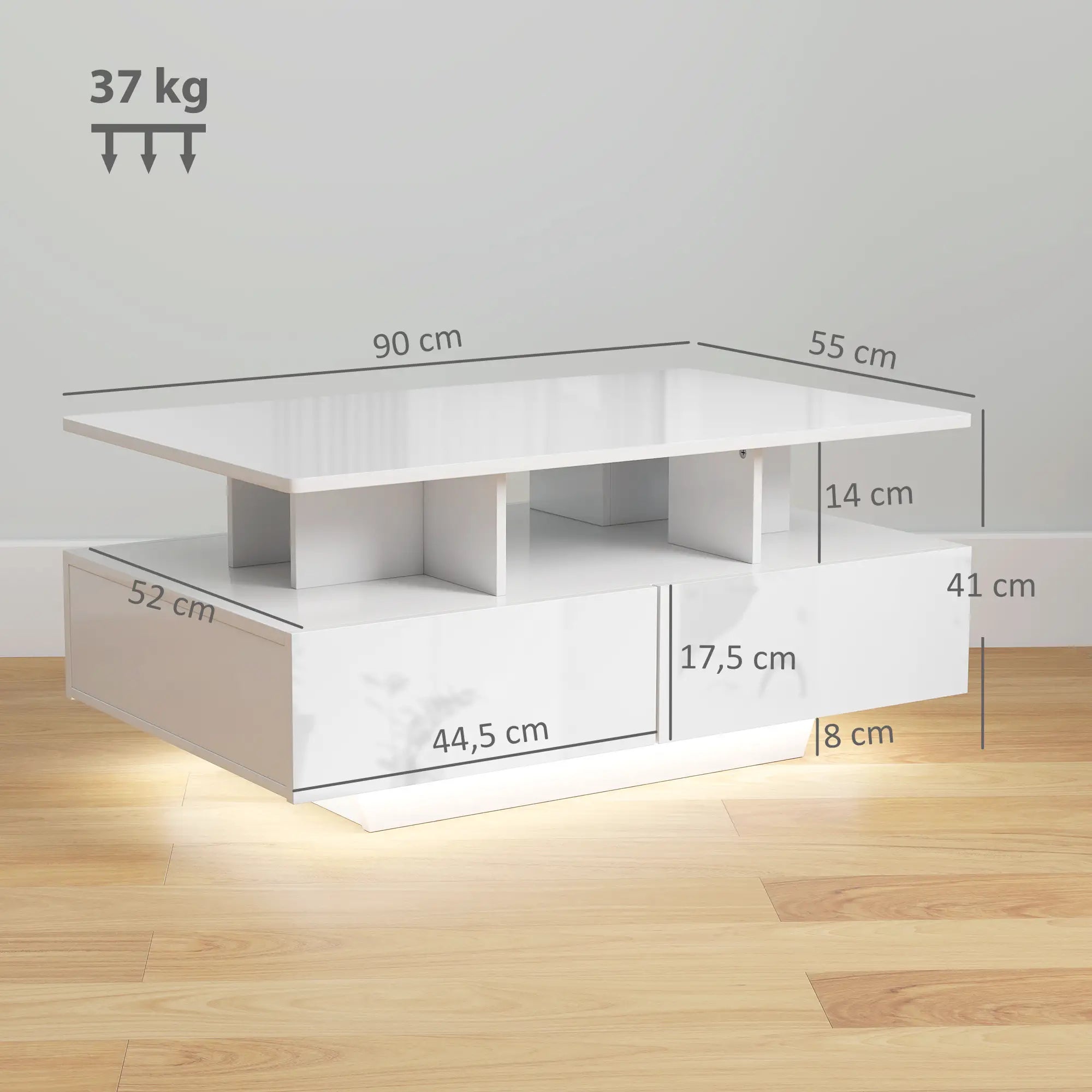 Mesa de Centro Moderna com LED 4 Gavetas Prateleira Aberta e Luzes LED de 16 Cores 90x55x41 cm Branco Brilhante