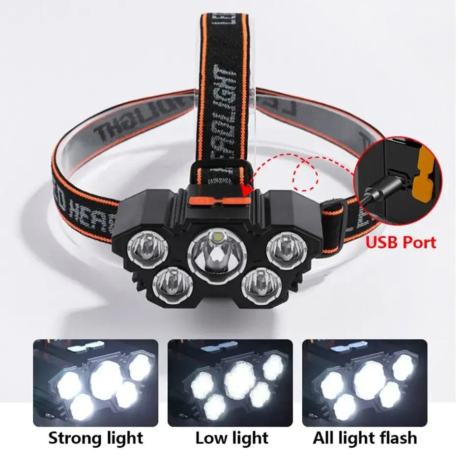Lanterna de cabeça recarregável de 5 LEDs com bateria de lítio integrada, farol forte para campismo, aventura, pesca e ciclismo