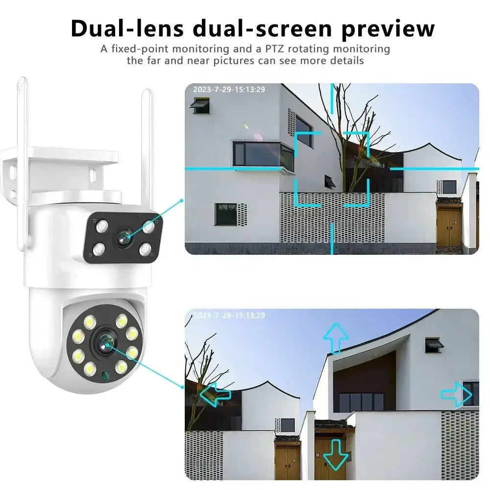 Câmara de vigilância de vídeo de segurança exterior 4K 8MP Tuya com lente dupla PTZ WIFI Full HD ecrã duplo Ai rastreamento automático humano