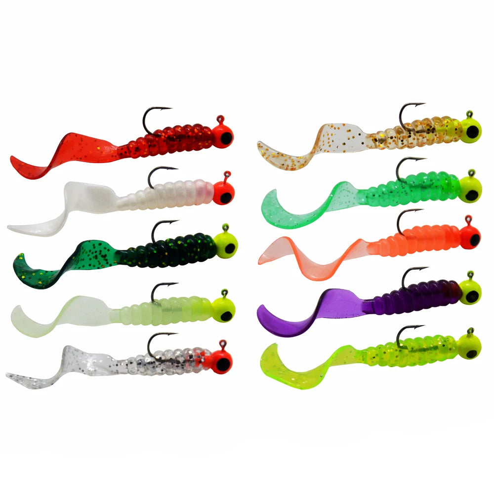 34 peças 1 conjunto 17 peças de anzóis de pesca em metal com cabeça de jig + 17 peças de isco de minhoca macio, isco artificial de silicone para peixes