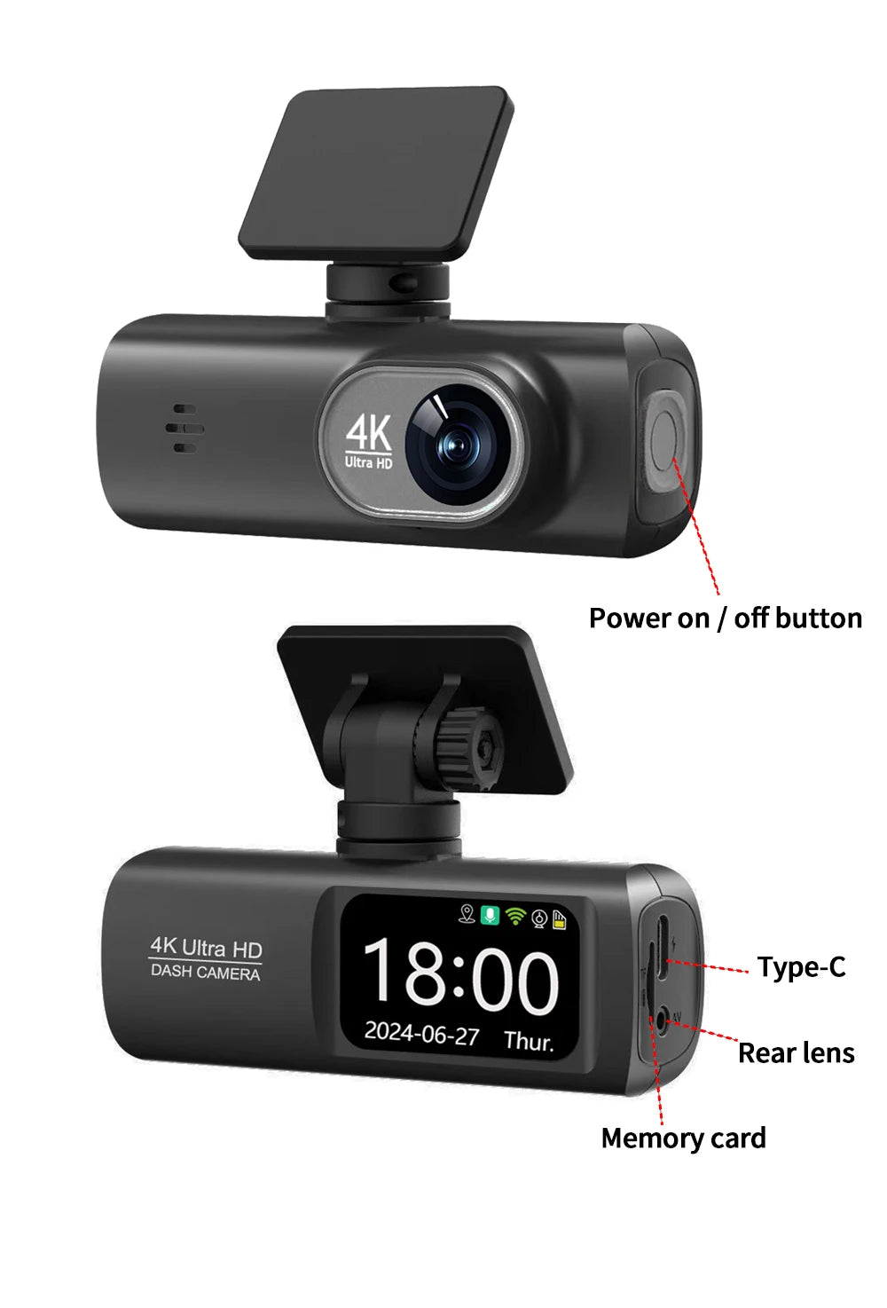 Câmara Auto de painel UHD 4K WiFi, gravador de condução com lente dupla, DVR automóvel, câmara traseira 1080P opcional, GPS, monitorização de estacionamento 24 horas, caixa preta