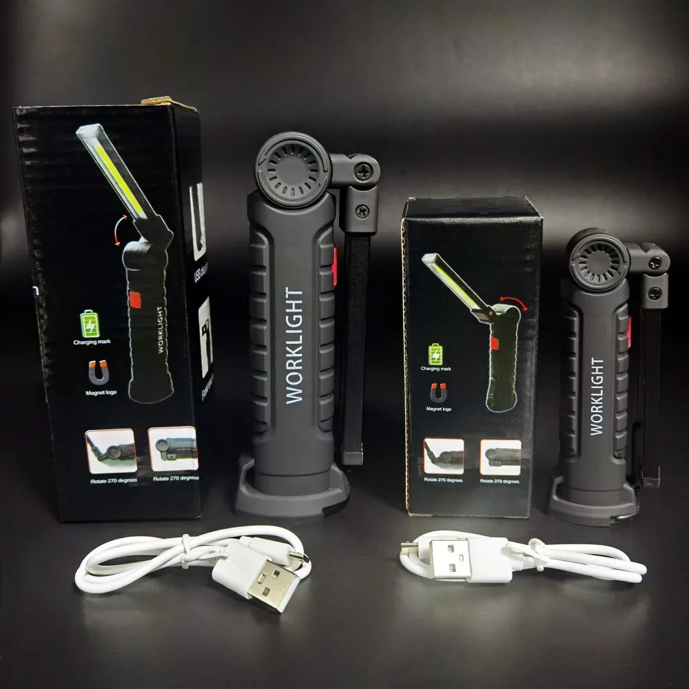 Lanterna LED COB portátil, recarregável por USB, luz de trabalho, lâmpada magnética suspensa com bateria integrada, lanterna de campismo