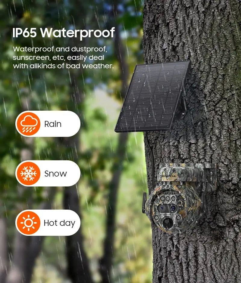 Câmara solar SHIWOJIA 12X ZOOM 4K 8MP, lente dupla 4G, visão 360°, camuflagem, câmara de caça ao ar livre a cores, bateria de 7800mAh, aplicação Ubox