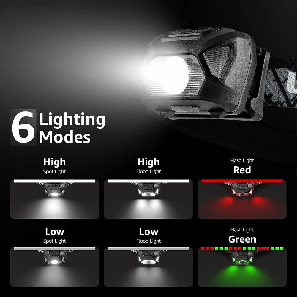 Farol recarregável USB de 6 modos IPX4 à prova de água, lanterna de cabeça LED com luz vermelha e verde para pesca ao ar livre