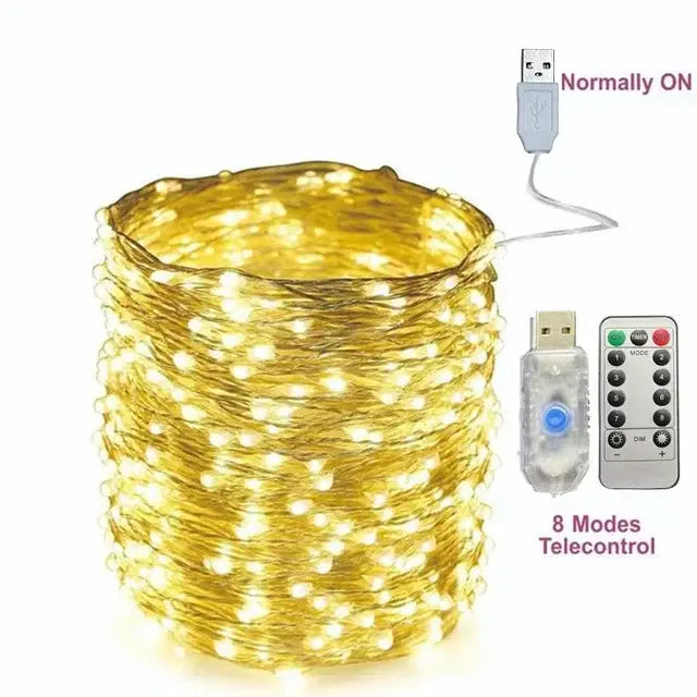 Cordão de Luz LED USB para Natal e Decoração 8 Modos com Controlo Remoto