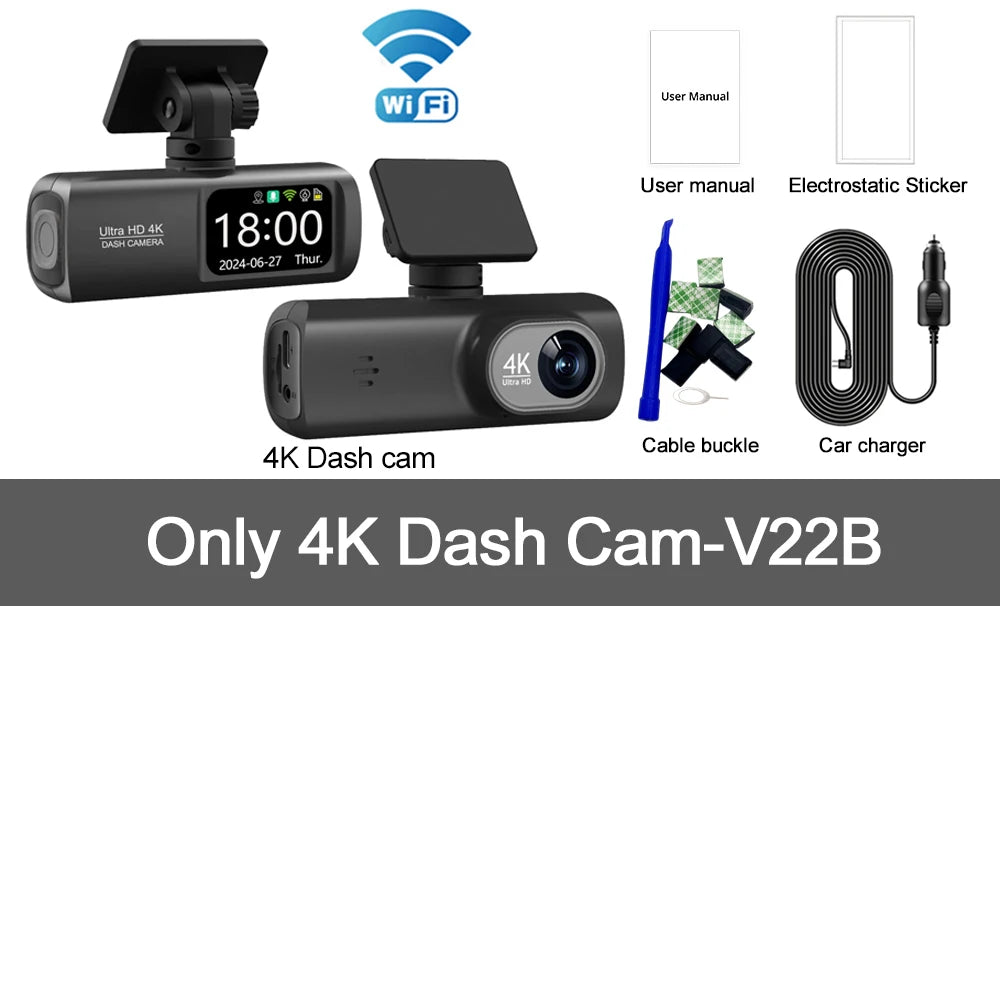Câmara Auto de painel UHD 4K WiFi, gravador de condução com lente dupla, DVR automóvel, câmara traseira 1080P opcional, GPS, monitorização de estacionamento 24 horas, caixa preta