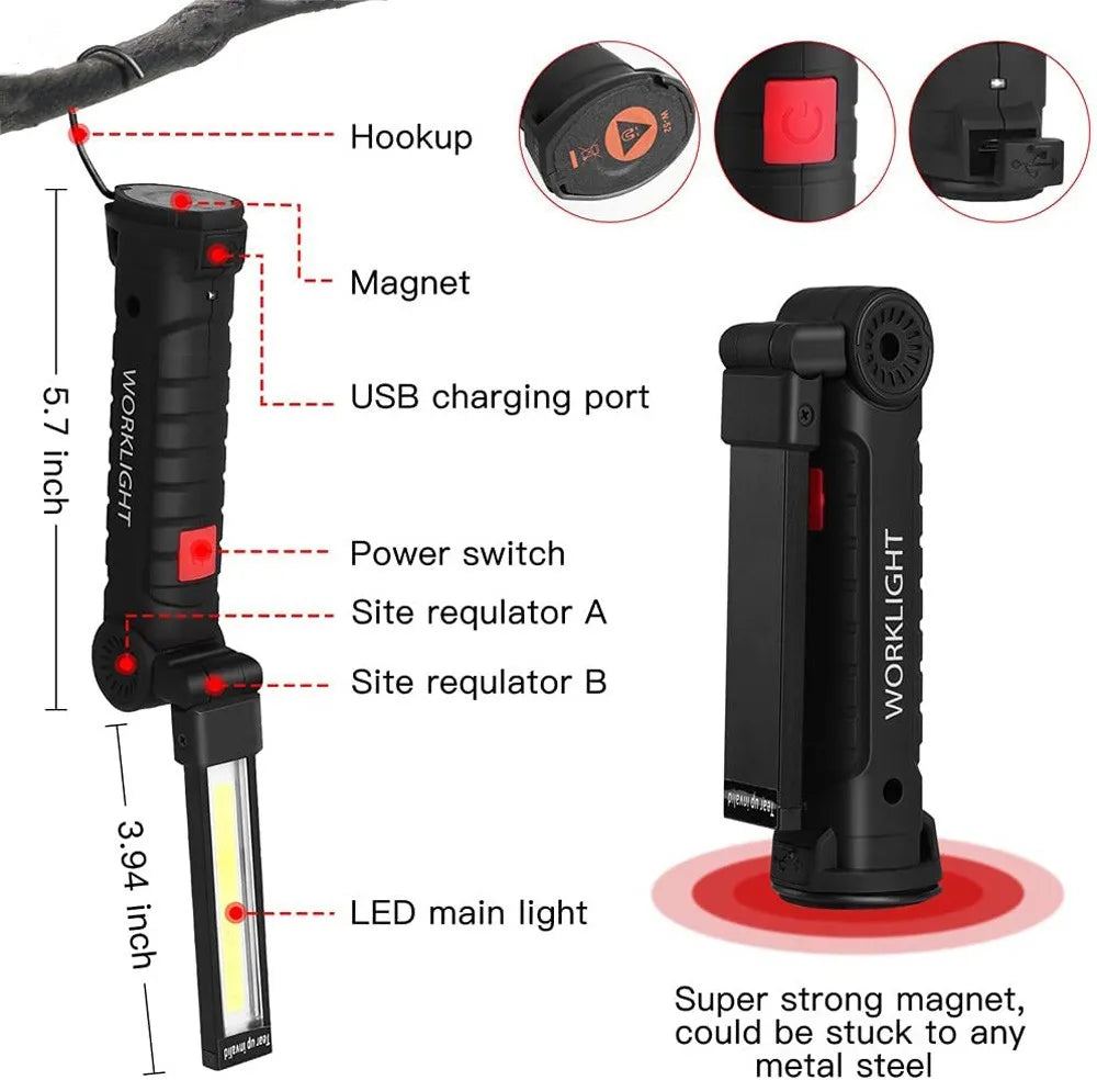 Lanterna LED COB portátil, recarregável por USB, luz de trabalho, lâmpada magnética suspensa com bateria integrada, lanterna de campismo