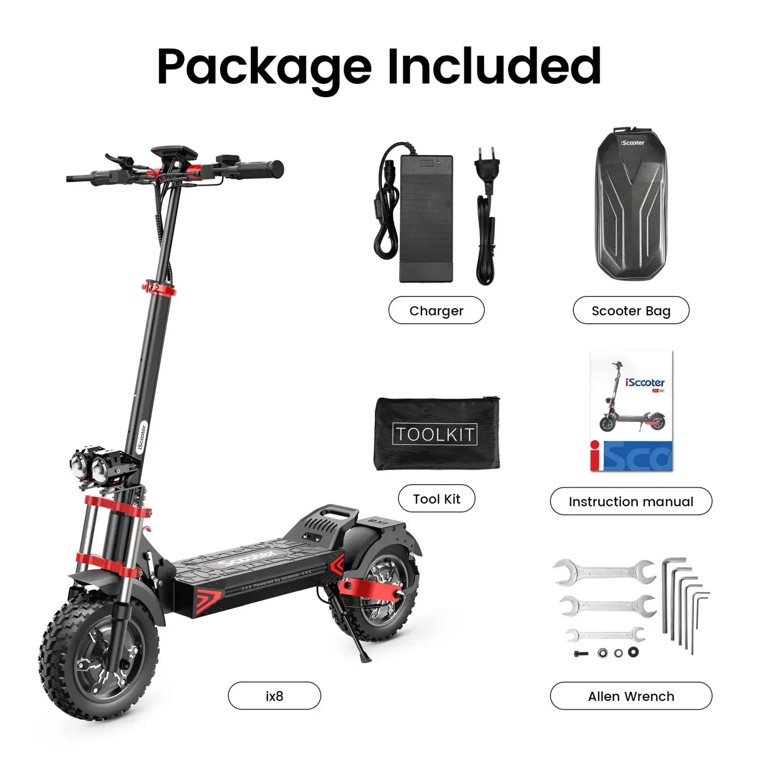 iScooter iX8 Scooter Elétrica, 2 Motores de 1200 W, Bateria de 48 V 20 AH, Pneu de 12 Polegadas, Travões de Disco Hidráulicos Duplos, Suspensão Dianteira e Traseira
