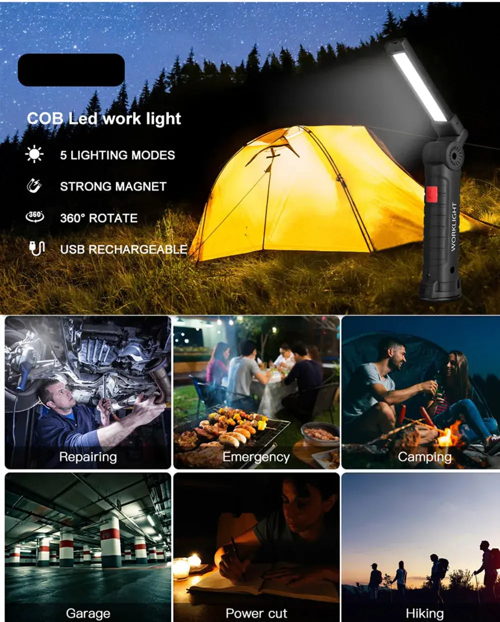 Lanterna LED COB portátil, recarregável por USB, luz de trabalho, lâmpada magnética suspensa com bateria integrada, lanterna de campismo