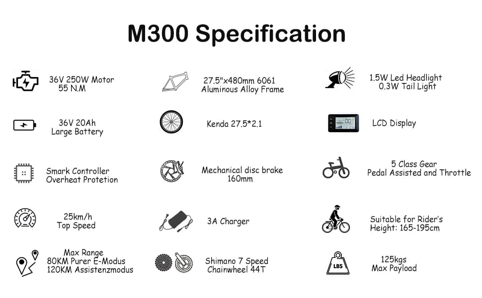 Bicicleta elétrica TTGO M300, pneu de 27,5 polegadas, bicicleta de montanha elétrica, 36V, 20AH, bateria removível, sensor de binário, suspensão, forqueta EBIKE