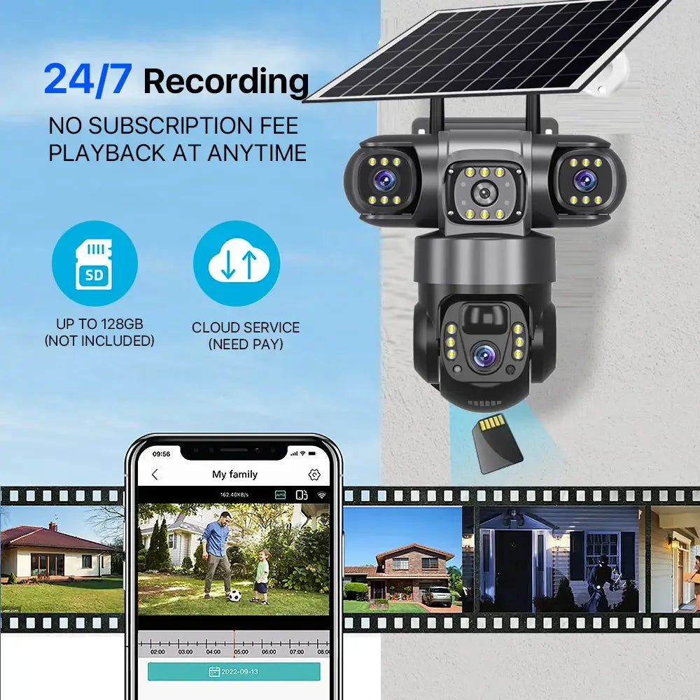 Câmara solar 4G Sim Outdoor 3 lentes 3 ecrãs Zoom 10X PIR Câmaras de deteção humana à prova de água Visão noturna CCTV Proteção de segurança