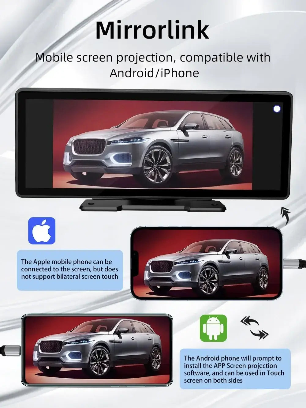 Rádio automóvel universal com ecrã de 10,26" Carplay, multimédia, Wi-Fi, leitor de vídeo, ecrã Carplay sem fios + câmara de 12 LEDs para Apple ou Android