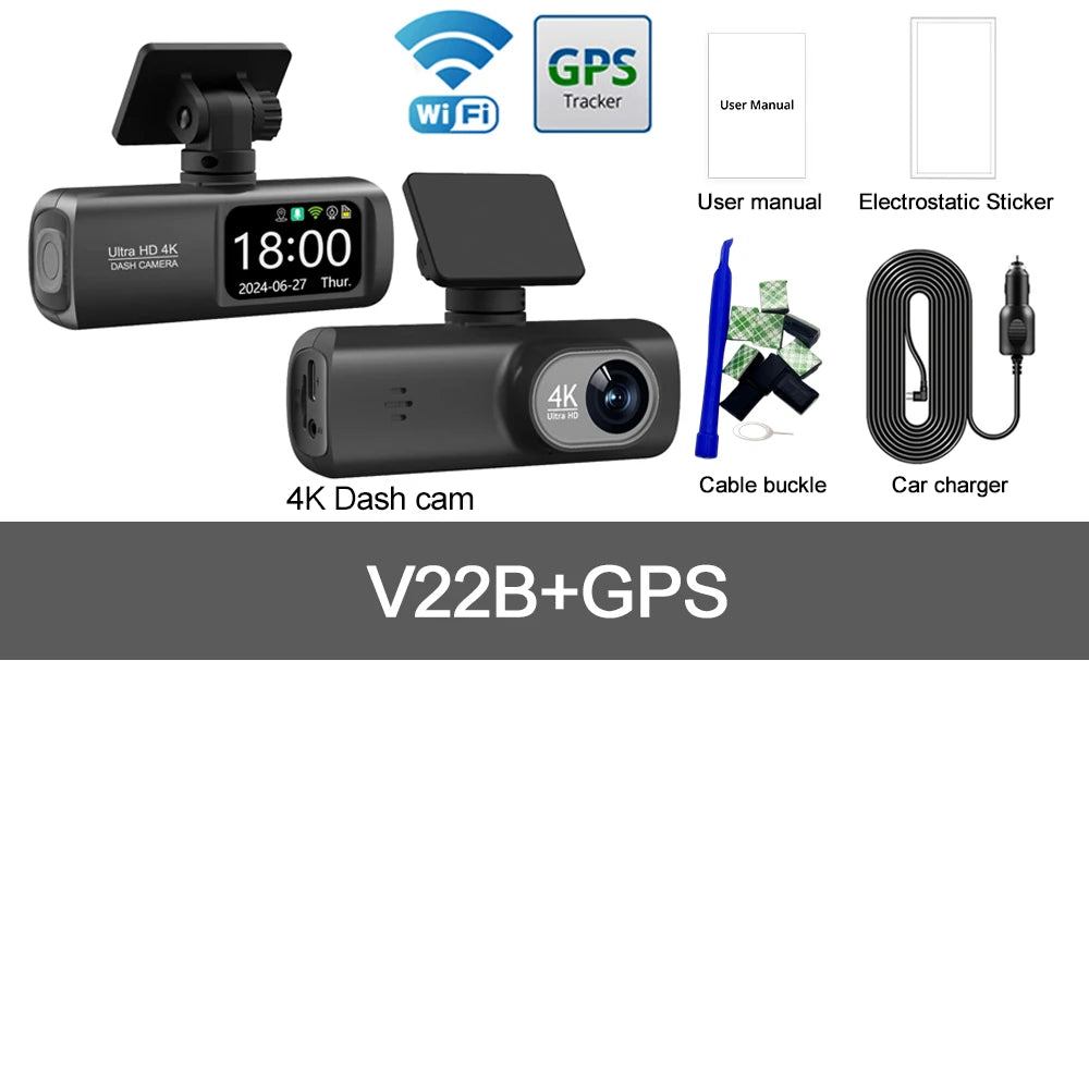 Câmara Auto de painel UHD 4K WiFi, gravador de condução com lente dupla, DVR automóvel, câmara traseira 1080P opcional, GPS, monitorização de estacionamento 24 horas, caixa preta