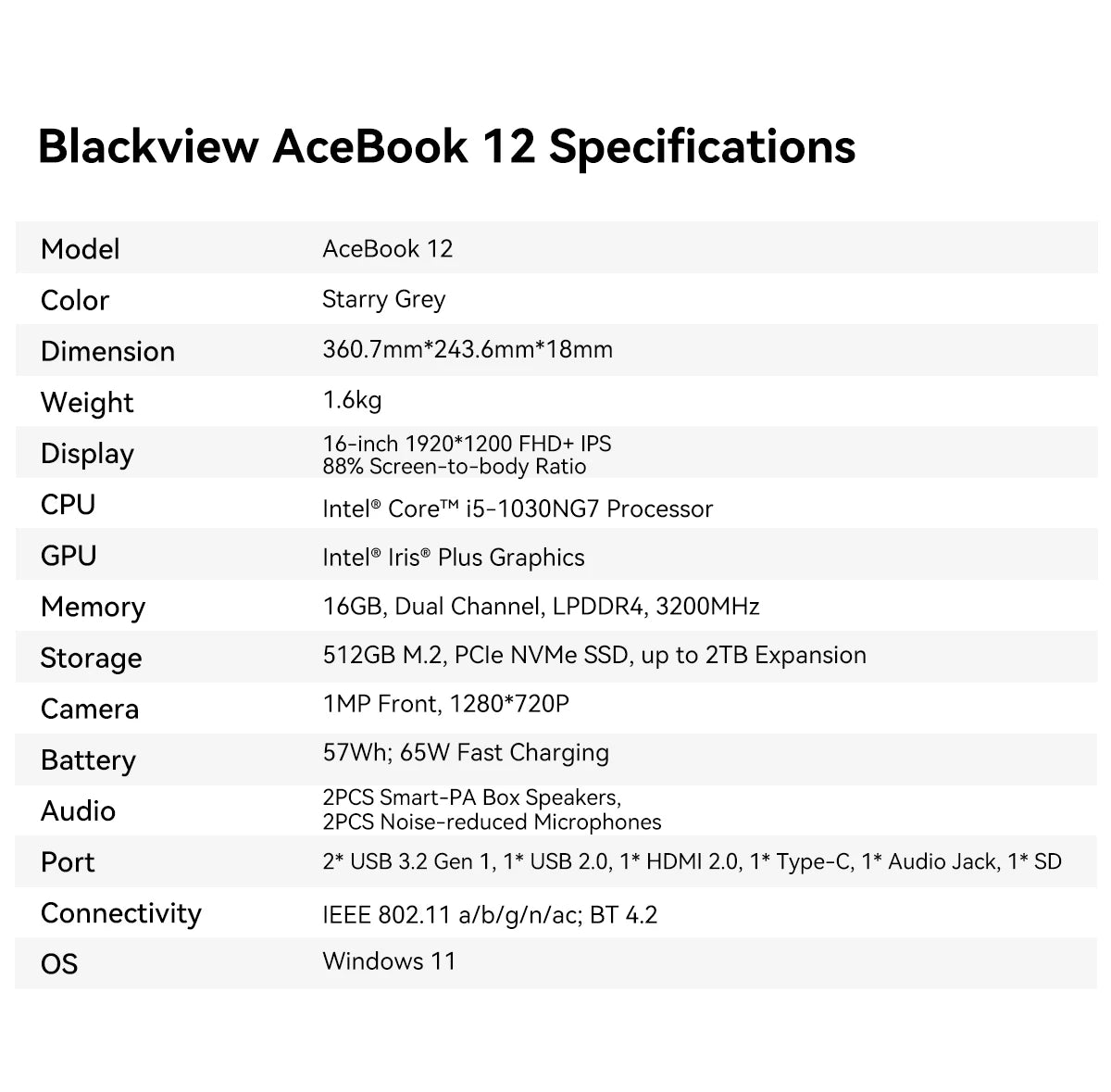 Portátil Blackview AceBook 12 Win 11 16'' FHD IPS, Portátil Intel I5-1030NG7, 16 GB de RAM, SSD de 512 GB, Botão de alimentação com impressão digital 2 em 1