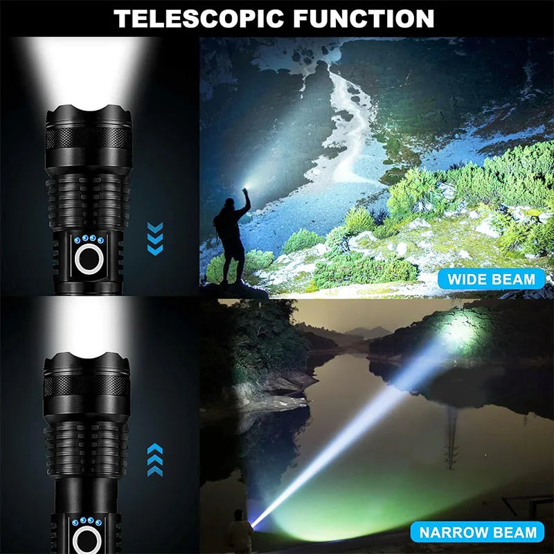 Lanterna tática LED recarregável de alta potência, em liga de alumínio, telescópica, com zoom, para campismo ao ar livre e pesca