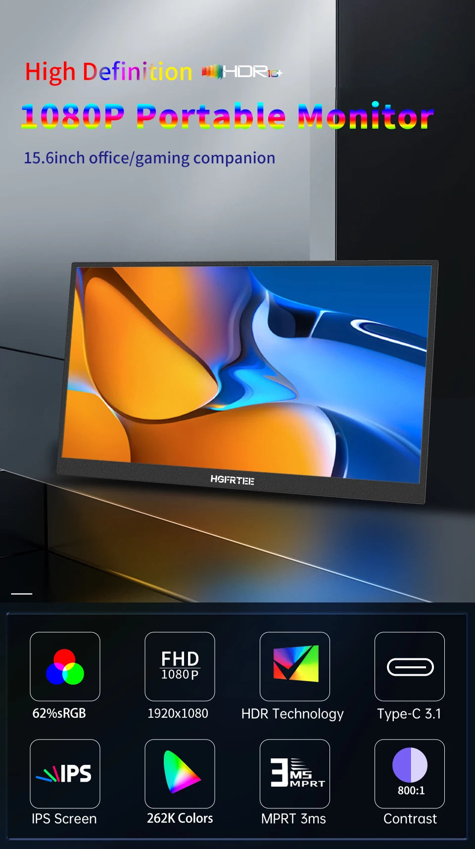 Monitor portátil HGFRTEE 15,6 polegadas FHD IPS para jogos
