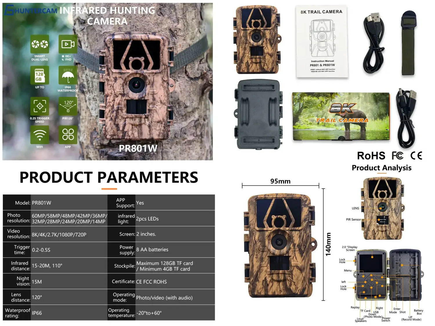 Câmara de rasto à prova de água 8K WiFi PR801W 60MP com suporte para visualização de aplicação para caça de animais ao ar livre, visão noturna e monitorização de quintas