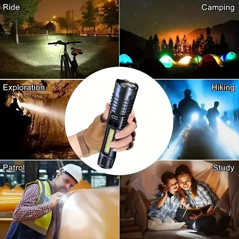 Lanterna LED de alta potência, potente, recarregável, tipo C, COB, com luz lateral, para campismo e caminhadas ao ar livre