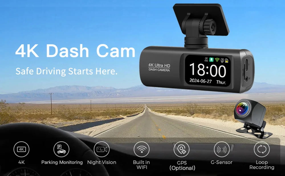 Câmara Auto de painel UHD 4K WiFi, gravador de condução com lente dupla, DVR automóvel, câmara traseira 1080P opcional, GPS, monitorização de estacionamento 24 horas, caixa preta