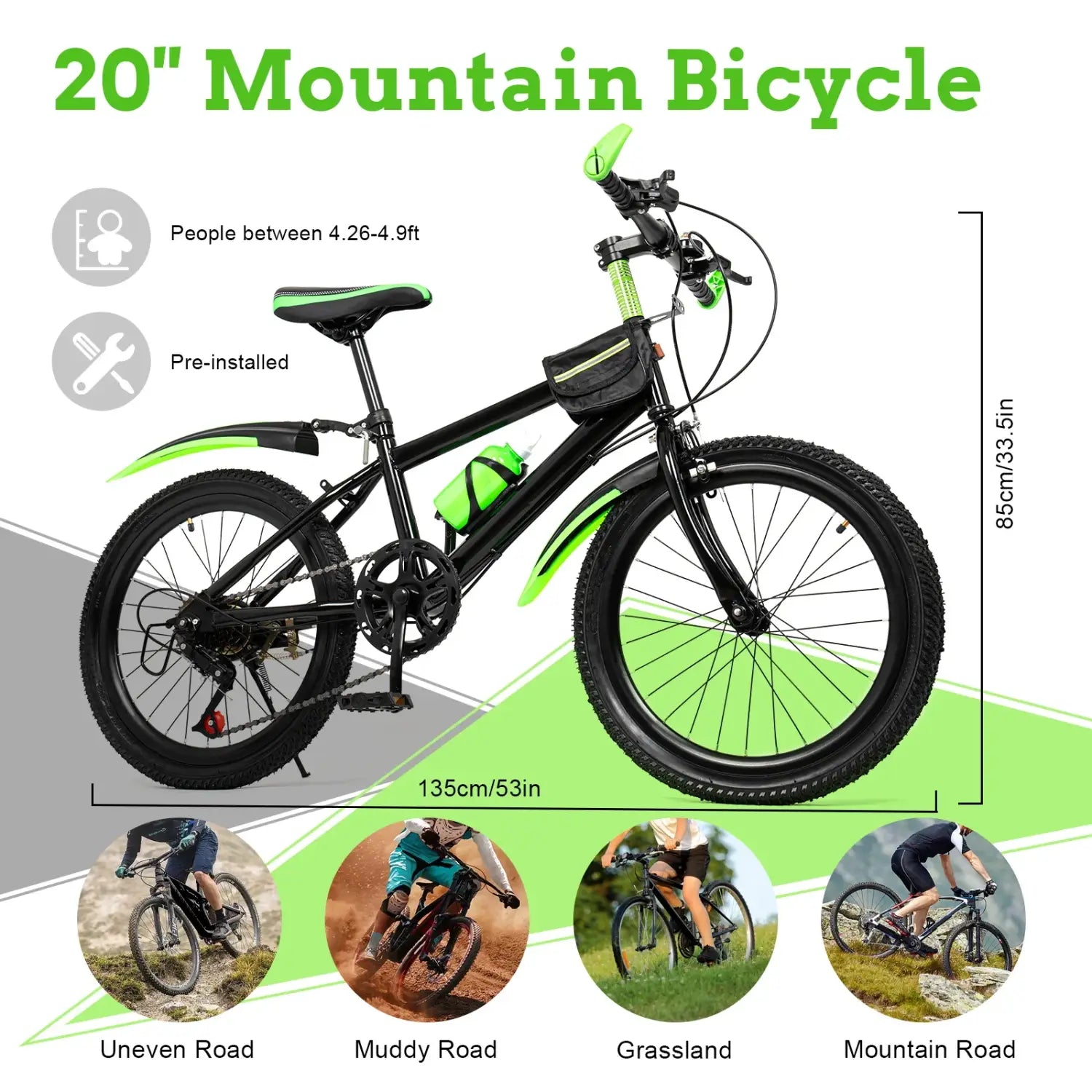 Bicicleta infantil de 20" com 7 velocidades, travões de disco duplos, bicicleta infantil unissexo com altura ajustável para BTT, para meninos e meninas