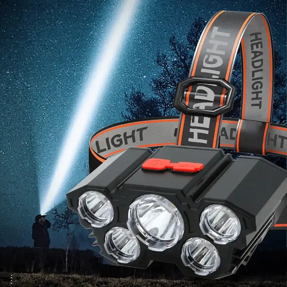 Lanterna de cabeça recarregável de 5 LEDs com bateria de lítio integrada, farol forte para campismo, aventura, pesca e ciclismo
