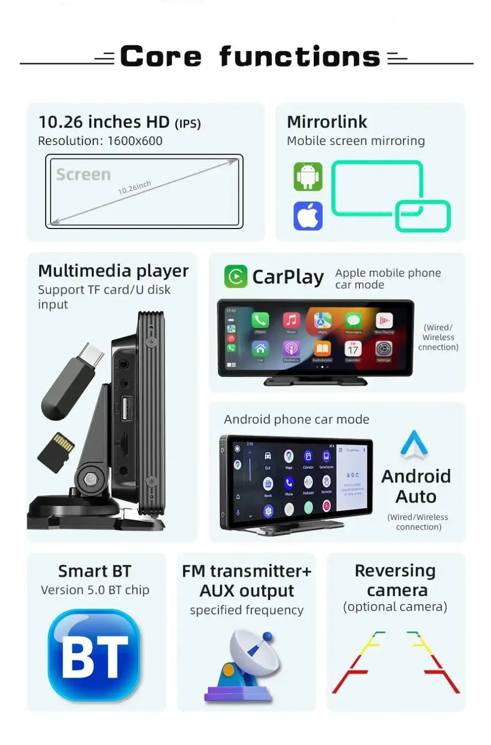 Rádio automóvel universal com ecrã de 10,26" Carplay, multimédia, Wi-Fi, leitor de vídeo, ecrã Carplay sem fios + câmara de 12 LEDs para Apple ou Android