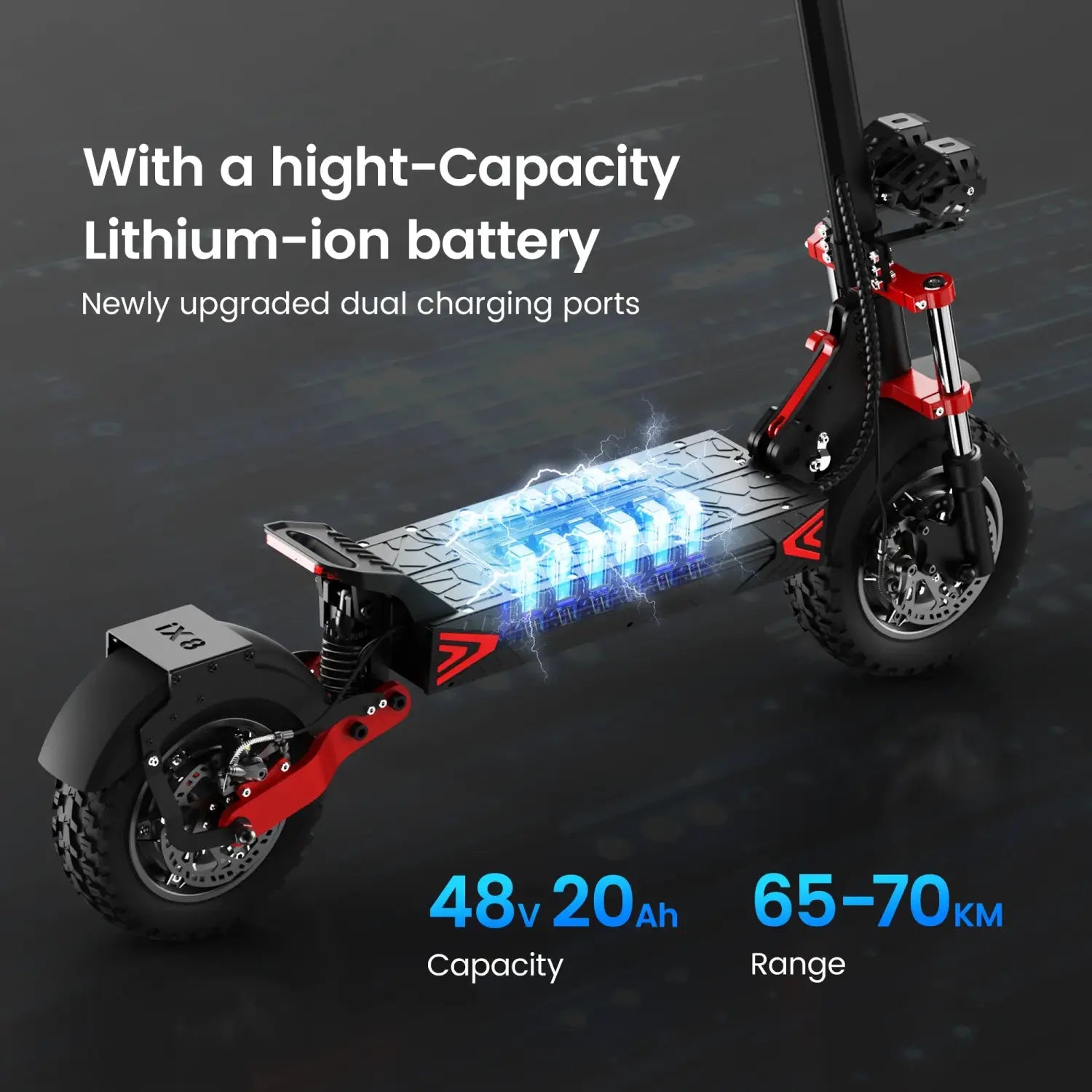 iScooter iX8 Scooter Elétrica, 2 Motores de 1200 W, Bateria de 48 V 20 AH, Pneu de 12 Polegadas, Travões de Disco Hidráulicos Duplos, Suspensão Dianteira e Traseira
