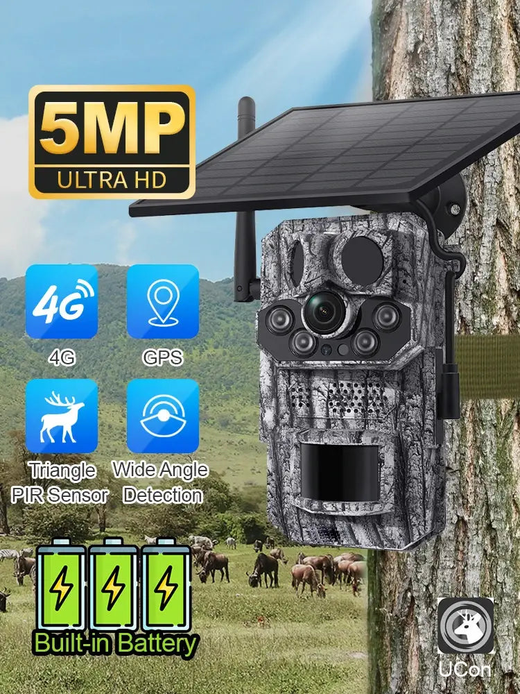 Câmara de rasto celular Ucon 4G LTE, câmara solar de 5 MP, movimento PIR ativado, tempo de disparo de 0,2 s, visão noturna, câmaras de caça de vida selvagem