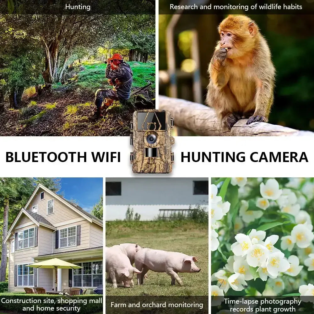 Câmara de rasto à prova de água 8K WiFi PR801W 60MP com suporte para visualização de aplicação para caça de animais ao ar livre, visão noturna e monitorização de quintas